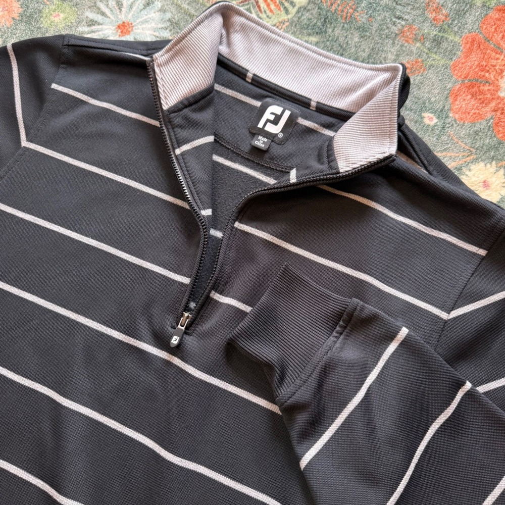 FootJoy Mens Striped Quarter Zip Pullover Black Grey Golf Mock Neck Size M